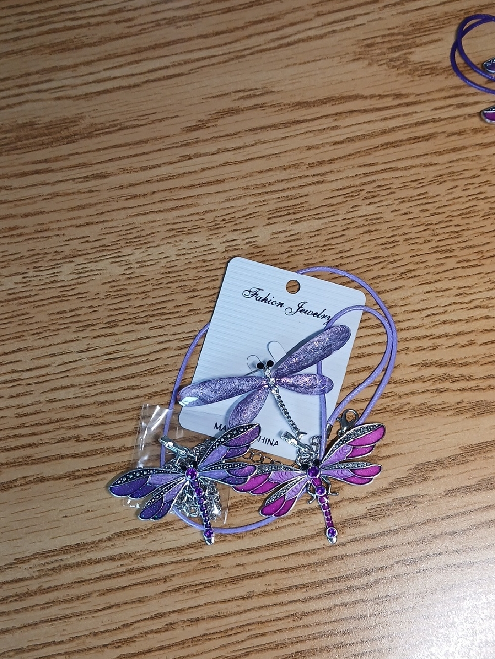 NWOT 3PC Purple & Fuschia Dragonfly Bundle 2 Necklaces 1 Pin